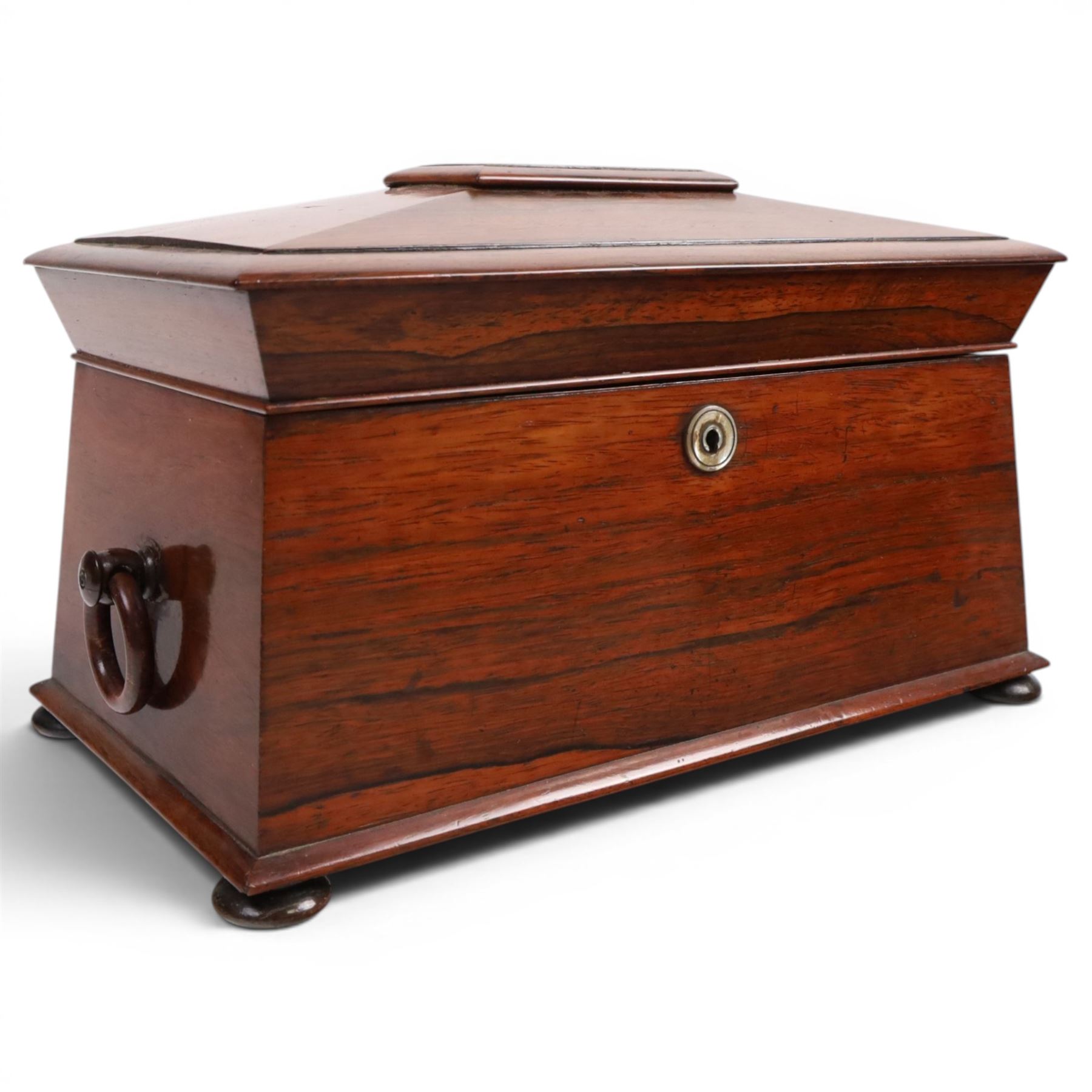 19th century tea caddy, of sarcophagus form, the lid opening to reveal fitted interior, together with red lacquered tea caddy, largest H22cm  