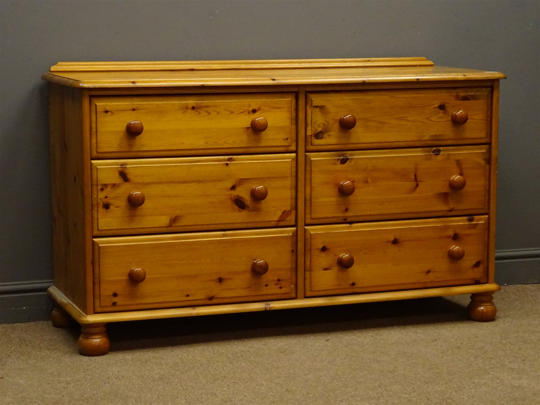 Solid pine six chest, six drawers, bun feet, W129cm, H79cm, D46cm
