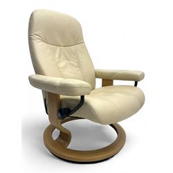 Ekornes Stressless - swivel and reclining armchair upholstered in cream leather, high back and padded armrests, raised on circular base