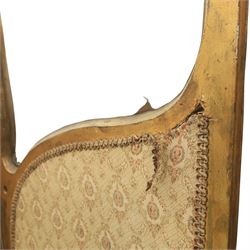 Rococo style giltwood three-panel dressing screen, each panel with shaped and scroll carved frame decorated with shell and foliate motifs, the upper sections glazed, the lower sections upholstered in patterned fabric, hinged to form a folding screen