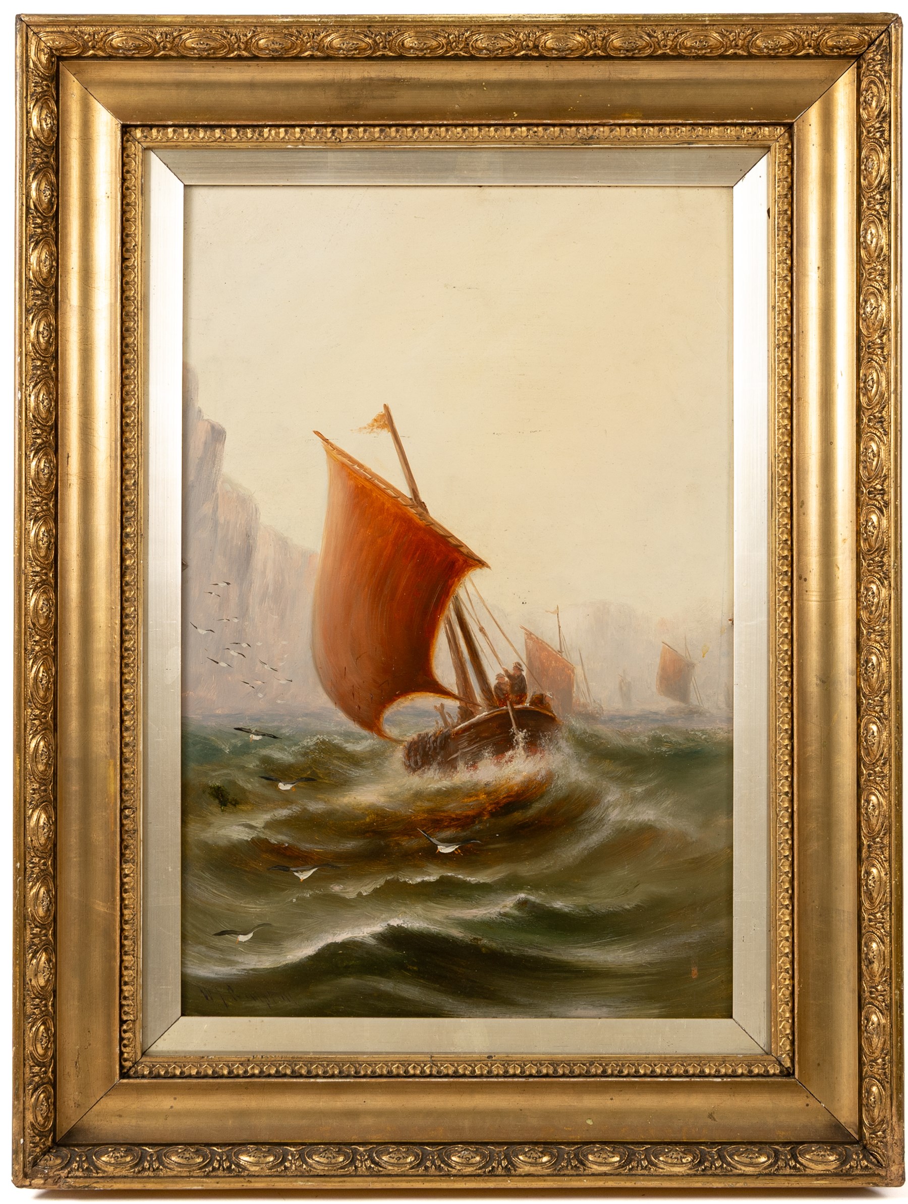 William James Smith Crampton (British 1855-1935): Fishing Vessels on Misty Waters, pair oils on board signed, in matching frames 45cm x 30cm (2)