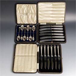Set of six 1920s silver teaspoons with engraved initials, together with two sets of silver...