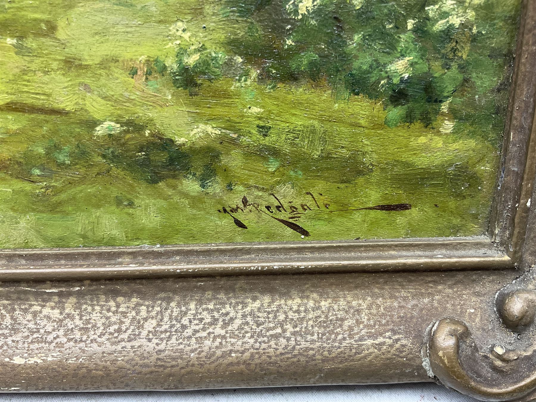 Arthur William Redgate (British 1856-1931): Country Lane with Hens and Cattle, oil on panel signed 24cm x 35cm 
Provenance: with Herbert Evans, Johannesburg, South Africa, label verso