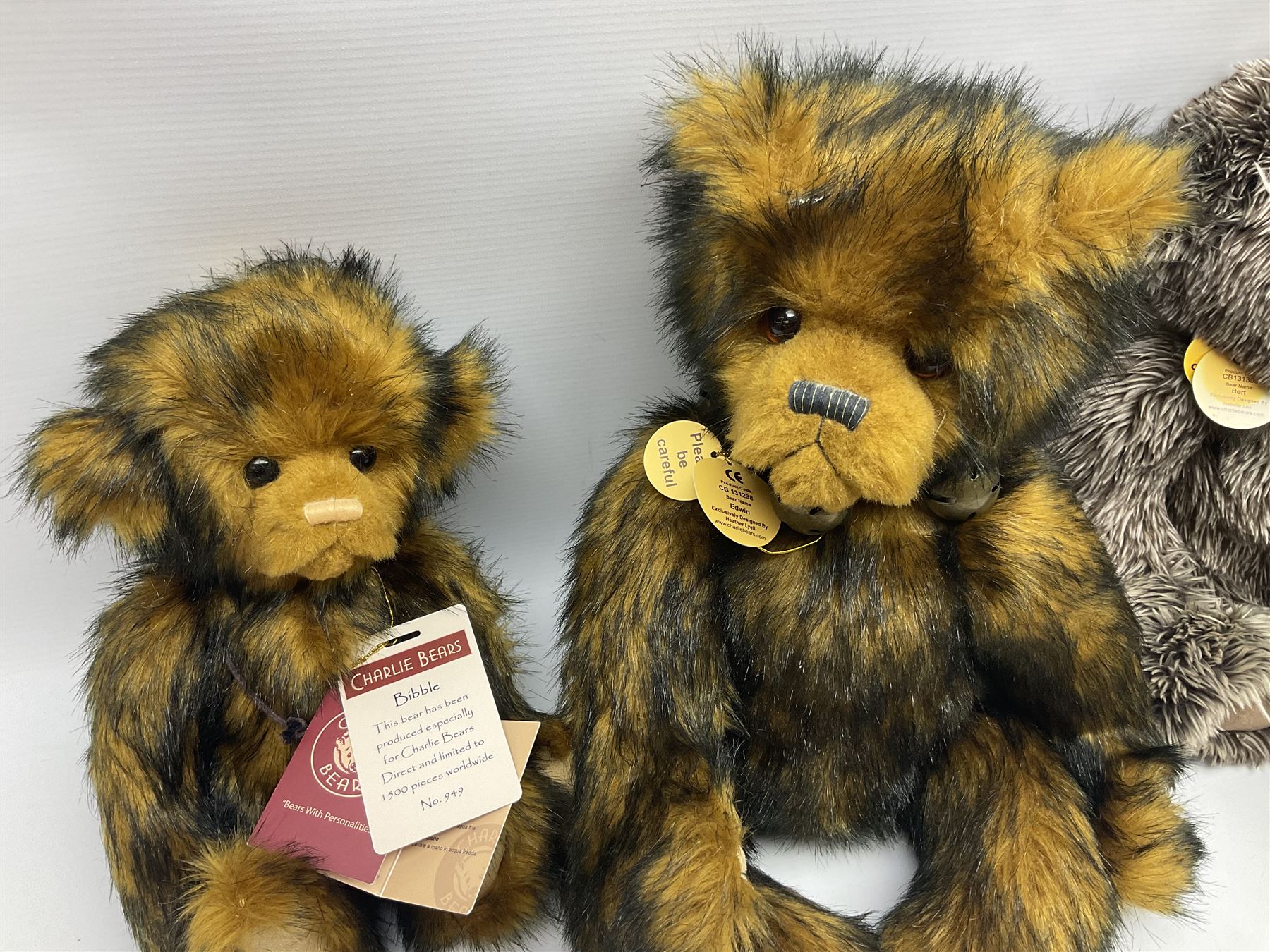 Six Charlie Bears, comprising Bert CB131306, Hattie CB614865, Brodie CB124902, and Anniversary Diesel CB151575, each designed by Isabelle Lee, and Bibble CB630036B, and Edwin CB131298, both designed by Heather Lyell, all with tags