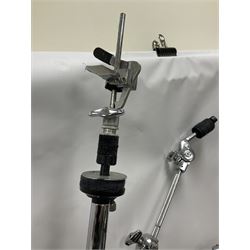 Pearl Vision SST Birch Ply shell four-piece drum kit in black comprising bass drum with foot pedal and three graduated toms; together with Pearl Custom Alloy Sensitone steel snare drum, drum and cymbal stands, microphone stand, stool and various drum sticks 