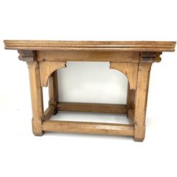 Late 19th century oak alter side table, moulded top, octagonal shaped supports joined by perimeter stretcher with brass plaque’This altar was brought from the Parish Church of Helmsley, Yorkshire, in December 1931 and was altered for use in his home’
