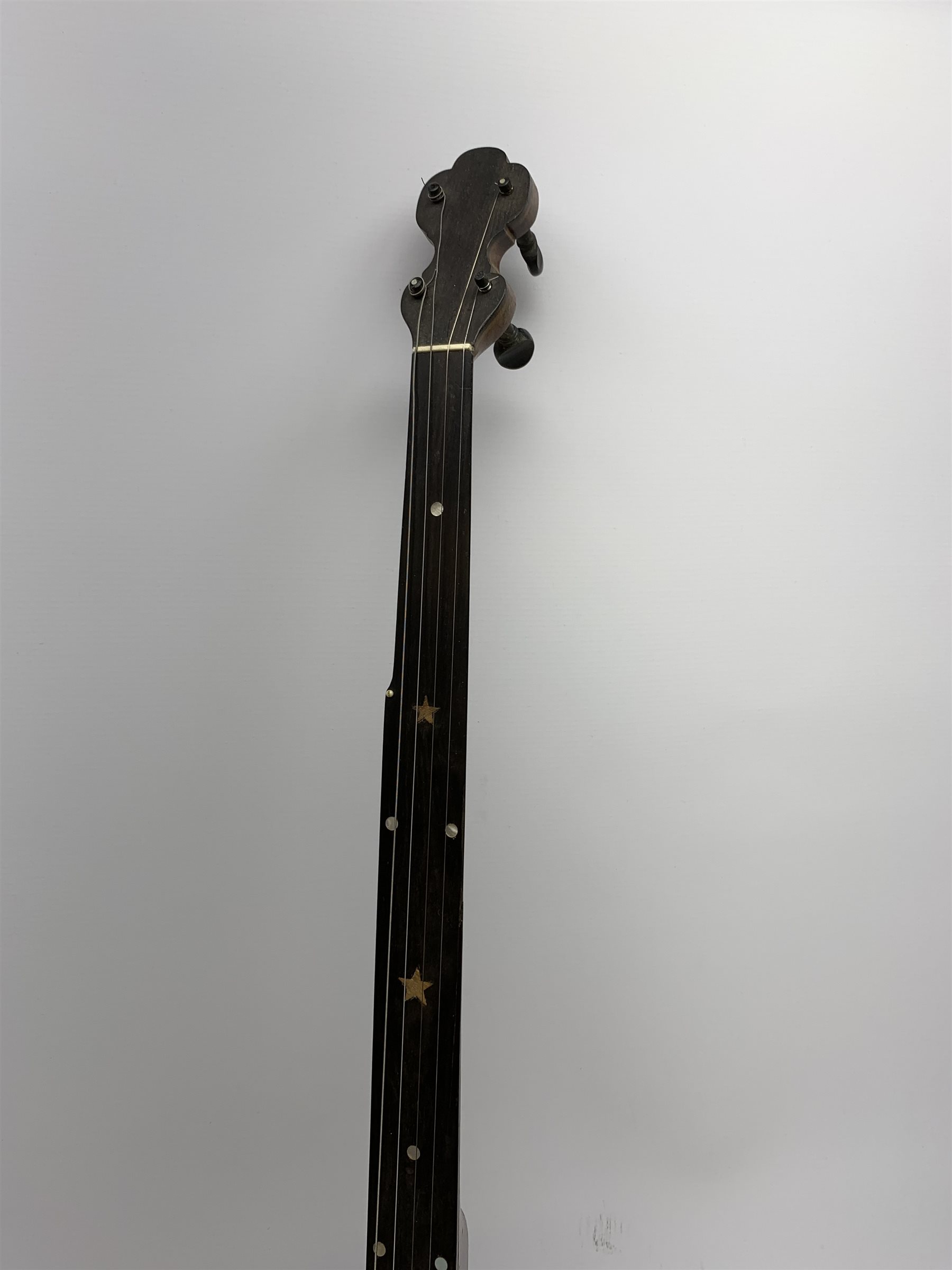 J E Brewster London Universal Favourite fretless banjo with inlaid fingerboard, impressed maker's marks and serial no.769, L90cm