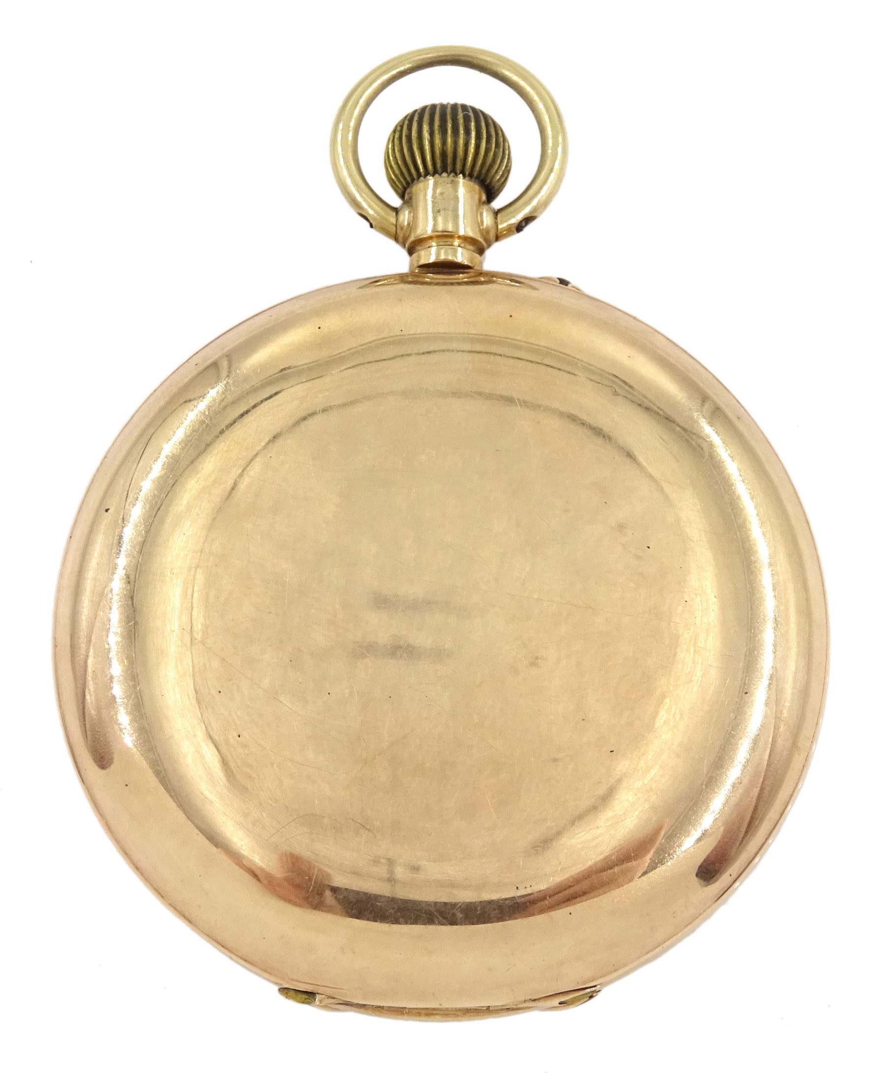 Early 20th century 9ct rose full hunter, keyless lever pocket watch, white enamel dial with Roman numerals and subsidiary seconds dial, back case with engraved monogrammed CS initials by Stockwell & Co, London import mark 1913