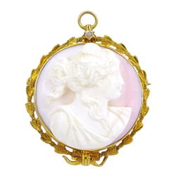 Gold conch shell cameo brooch, the mount set with a single old cut diamond, boxed