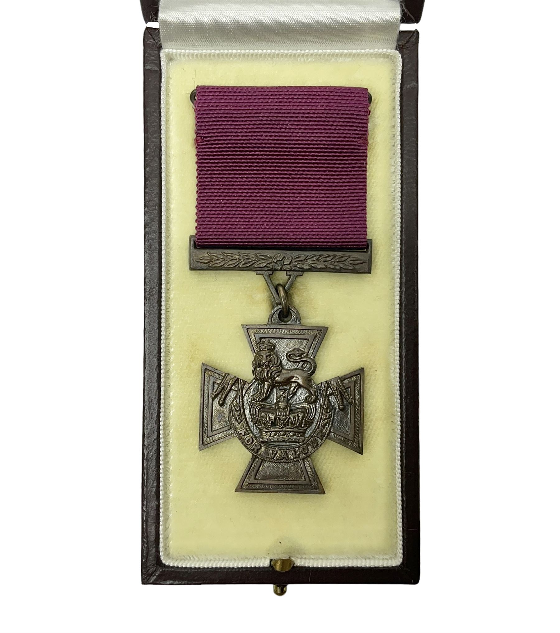 Victoria Cross, an official Hancocks & Co, London replica, the reverse engraved 'Hancocks 36', in fitted leather case of issue; Auctioneer's Note: The Victoria Cross was instituted on 29th January 1856, with the first awards backdated to 1854, and in the first 150 years of its existence was awarded on 1,355 occasions (1,352 Crosses and 3 Second Award Bars). To mark the 150th Anniversary, the London jewellers Hancocks, who have manufactured every Victoria Cross ever awarded, issued a limited edition replica, the replicas all individually numbered on the reverse, with the edition limited to 1,352 replica crosses. The No.36 apparently relates to actions by Capt. A. Henry of the Land Trans Corps at Inkerman 5/11/54 reported in the London Gazette 24/02/57.