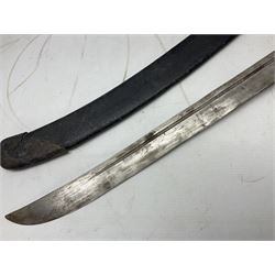 Chinese Boxer Rebellion Period Sword, 69.5cm heavy curved single edge blade with single narrow fuller, plain iron dished circular guard, iron pommel and ferrule with plaited cord bound grip; in skin covered wooden scabbard with iron chape and long suspension mount L95cm overall