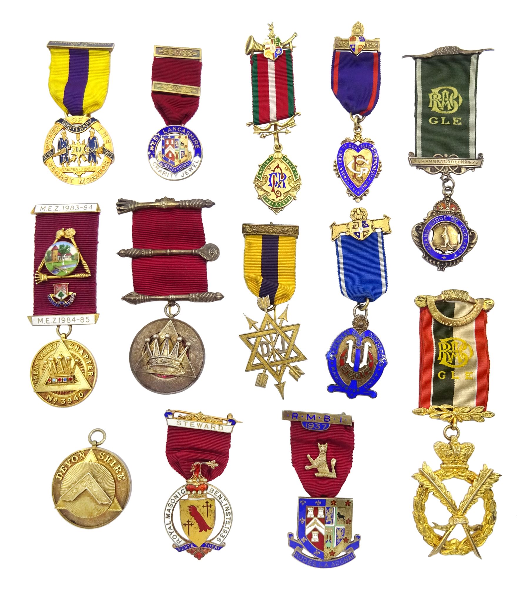 Thirteen Masonic and similar jewels / medals, mostly hallmarked including Royal Antediluvian Order of Buffalos jewel presented to 'Bro. D. WA. Gardiner. C.P. for services as Secretary1961-62', RMBI 1937 jewel etc (13)