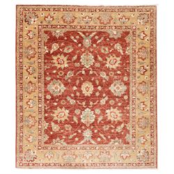Persian Chubi Oushak style revival hand-knotted carpet, madder red field decorated with la...