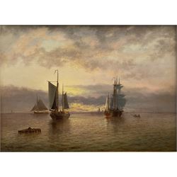 Thomas Lucop (British 1834-1911): Sailing Vessels at Sunset, oil on canvas signed and dated '91, 32cm x 43cm