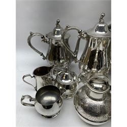 Silver plated tea set by H Fisher & Co of Sheffield comprising tea pot, open sucrier and milk jug, Viners of Sheffield 'Chased' tray, Onedian USA silver plated tea and coffee pots with lidded sucrier and jug, and other plated and similar items