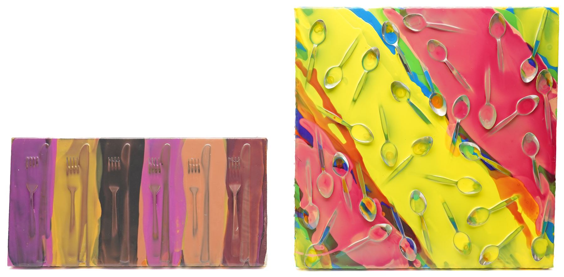 Gillian Ross Kelsey (British 1935-2025): 'Spoons - Of Course' and 'A Last Supper', two mixed medias on canvas laid on to board, signed and titled verso one on label max 46cm x 46cm (2) (unframed)