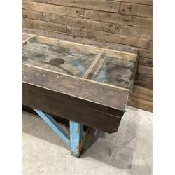 Large timber work bench with central glass section, and two pairs of vintage wooden step ladders (3)