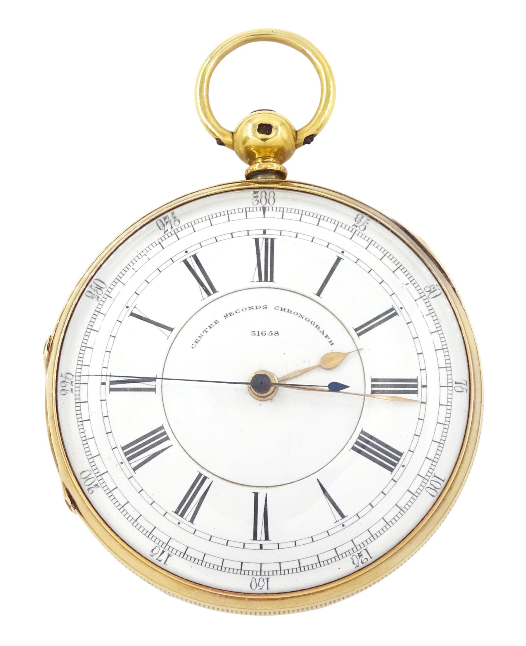 Victorian 18ct gold centre seconds key wound chronograph pocket watch by W Homere, Liverpool, No. 31658, white enamel dial with Roman numerals, outer track numbered 25-300, case by Joseph & John Hargreaves, Chester 1866