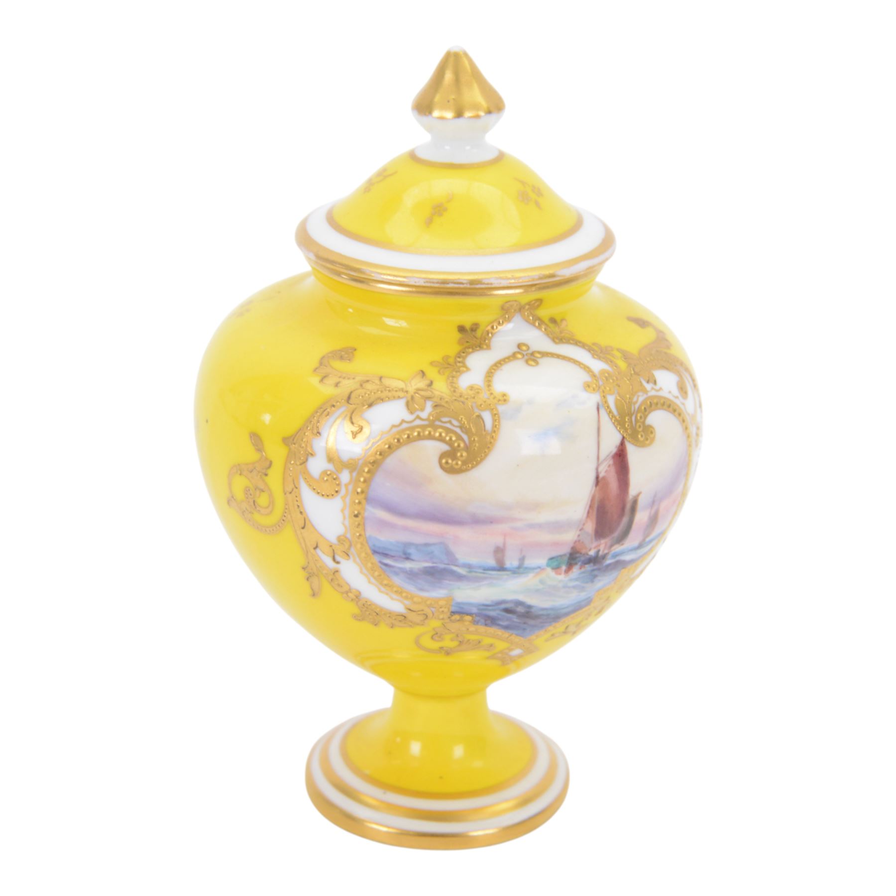 Royal Crown Derby miniature vase and cover, painted with shipping scene on yellow ground, with printed mark beneath, H12cm