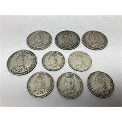 Four Queen Victoria silver double florin coins, dated two 1887, 1888, 1889 and five 1887 florins (9)