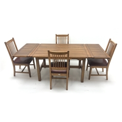  Sherry Furniture - light oak drawer leaf extending table (90cm x 134cm (closed) - 212cm (extended) H76cm) and set four dining chairs with leather upholstered seat  
