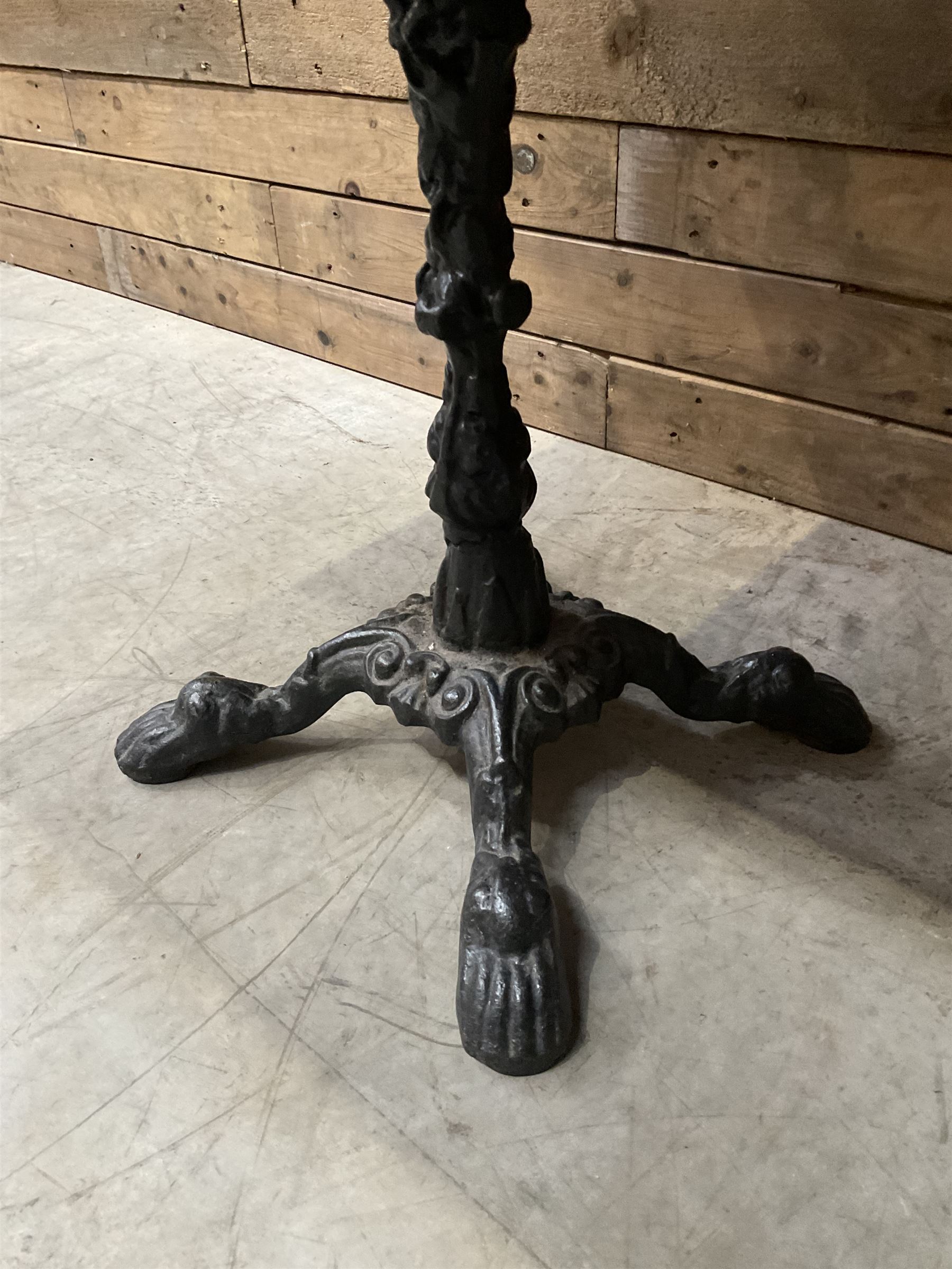 19th century cast iron Coalbrookdale design table with circular top (D66cm, H74cm) and a cast iron pedestal table with square top (W69cm, D70cm, H72cm)