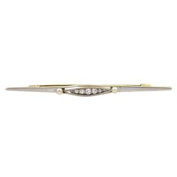 Early 20th century gold and platinum five stone graduating old cut diamond and pearl brooch, stamped 14ct