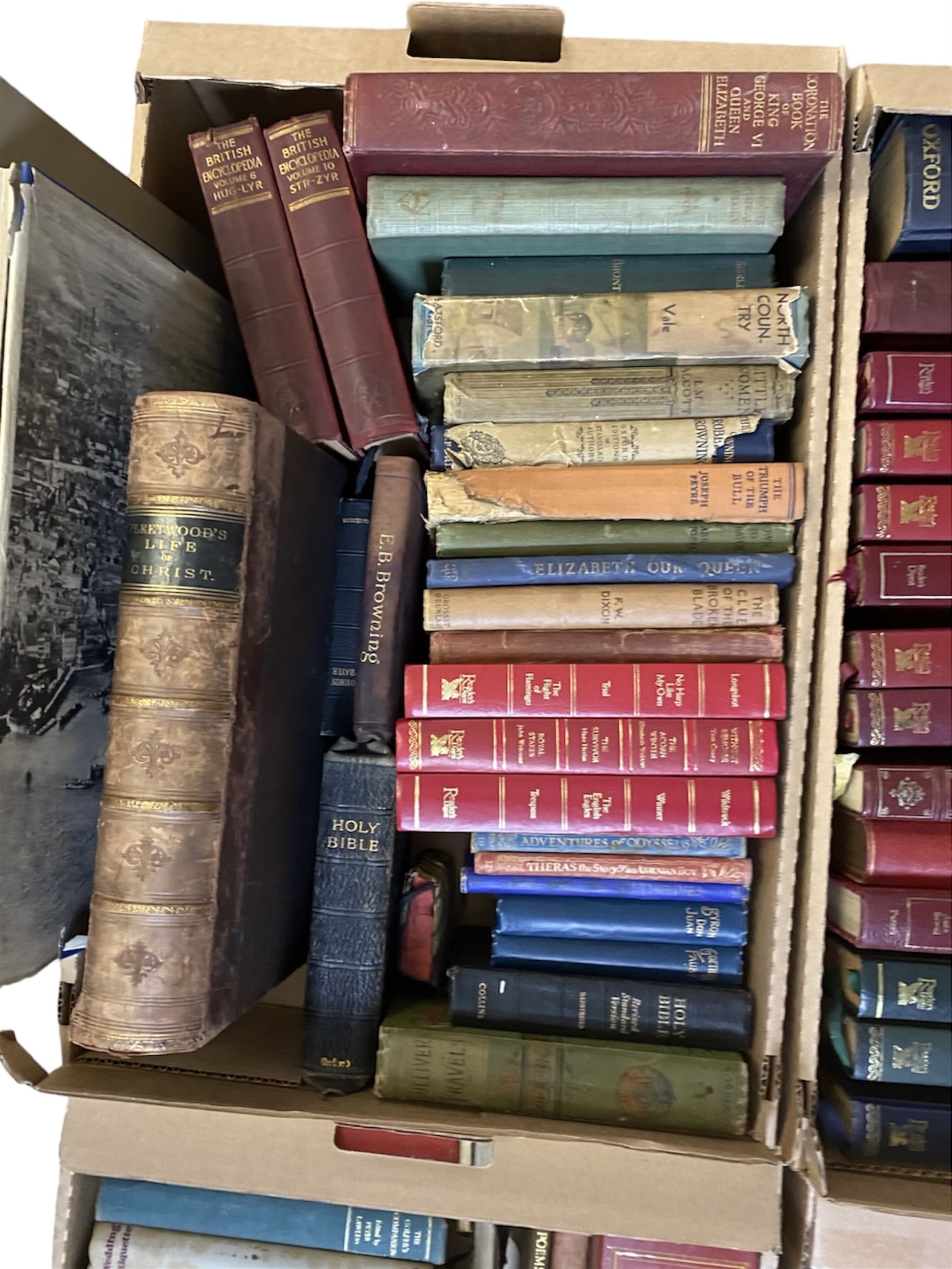 Large collection books, to include Dickens novels, Punch Humour, British Encyclopaedia volumes and six volumes of Crowned Masterpieces of Eloquence, etc, in four boxes 