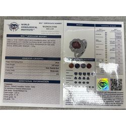18ct white gold unheated oval ruby and round brilliant cut diamond cluster ring, hallmarked, ruby 3.07 carat, total diamond weight approx 1.65 carat, with WGI certificate