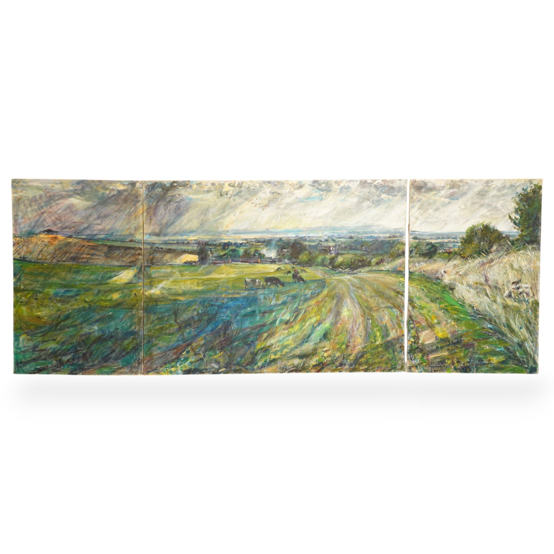 John Gilbey Bowles (British 1929-2011): The Passing of the 'Summer Storm', triptych of three oils on canvas signed, overall 267cm x 100cm
Notes: exhibited at Williamson Art Gallery, Birkenhead