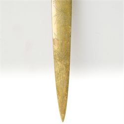 Chinese 18th/ 19th century jade pendant, carved as a peach on a branch, later mounted as a brass paper knife, with bamboo engraved decoration, H20cm