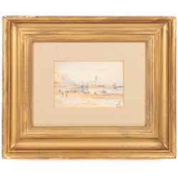English School (19th Century): Ships at Sea, watercolour signed, in carved Florentine gilt frame, frame overall 34cm x 41cm; GWC (19th Century): Scarborough Beach, watercolour signed with monogram and dated '06, 9cm x 13cm (2)