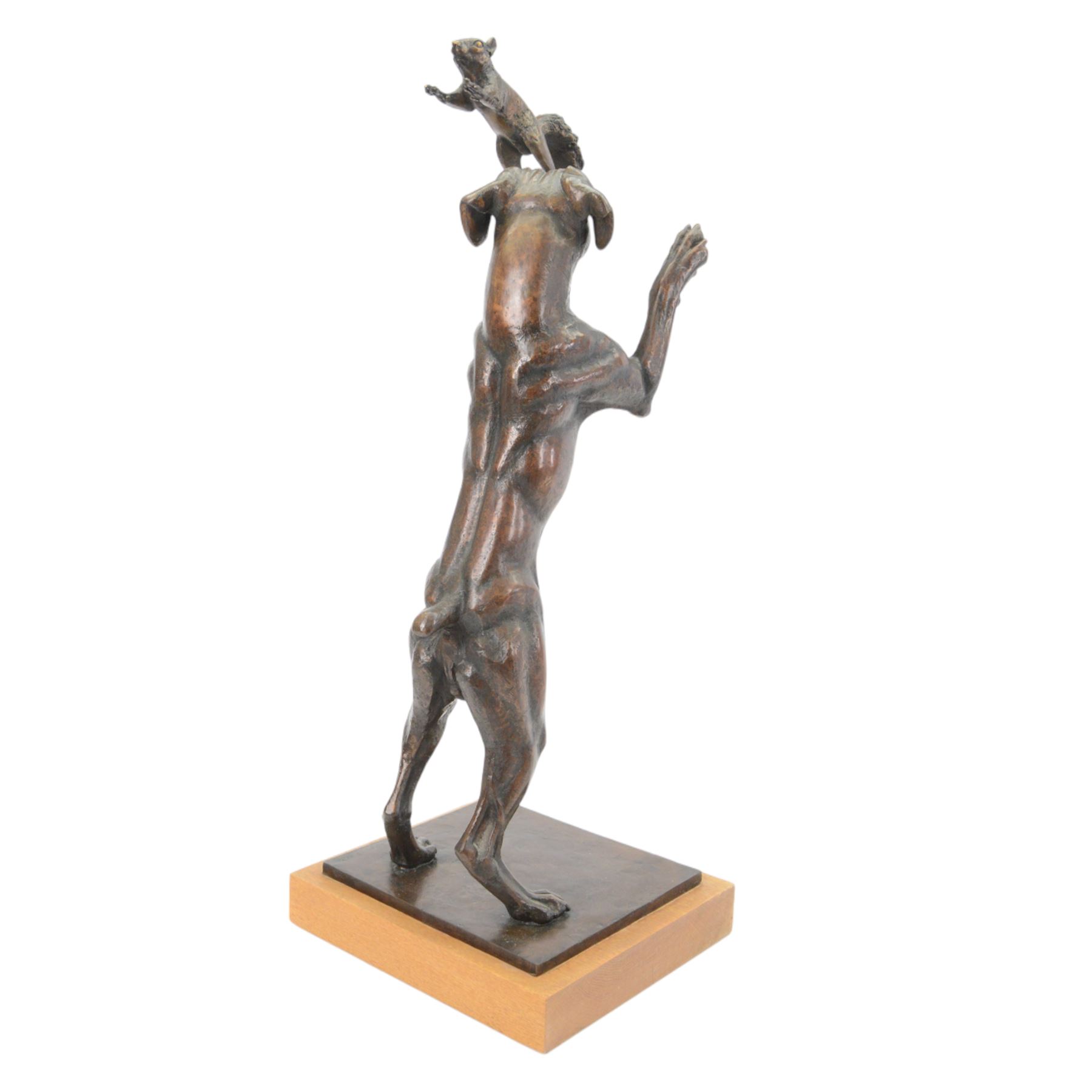 Sally Arnup FRBS, ARCA (1930-2015): Boxer dog with squirrel, bronze, signed and numbered II/X, upon square wooden plinth, H71cm