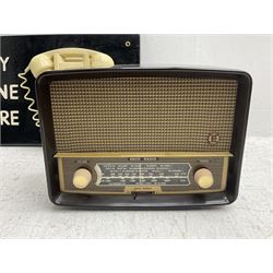 Vintage 1970s telephone mounted on board reading 'You May Telephone From Here', 1960s 706L telephone with 'G.P.O' stamp, 1953 Ecko U195 radio and 1955 Ecko U245 radio