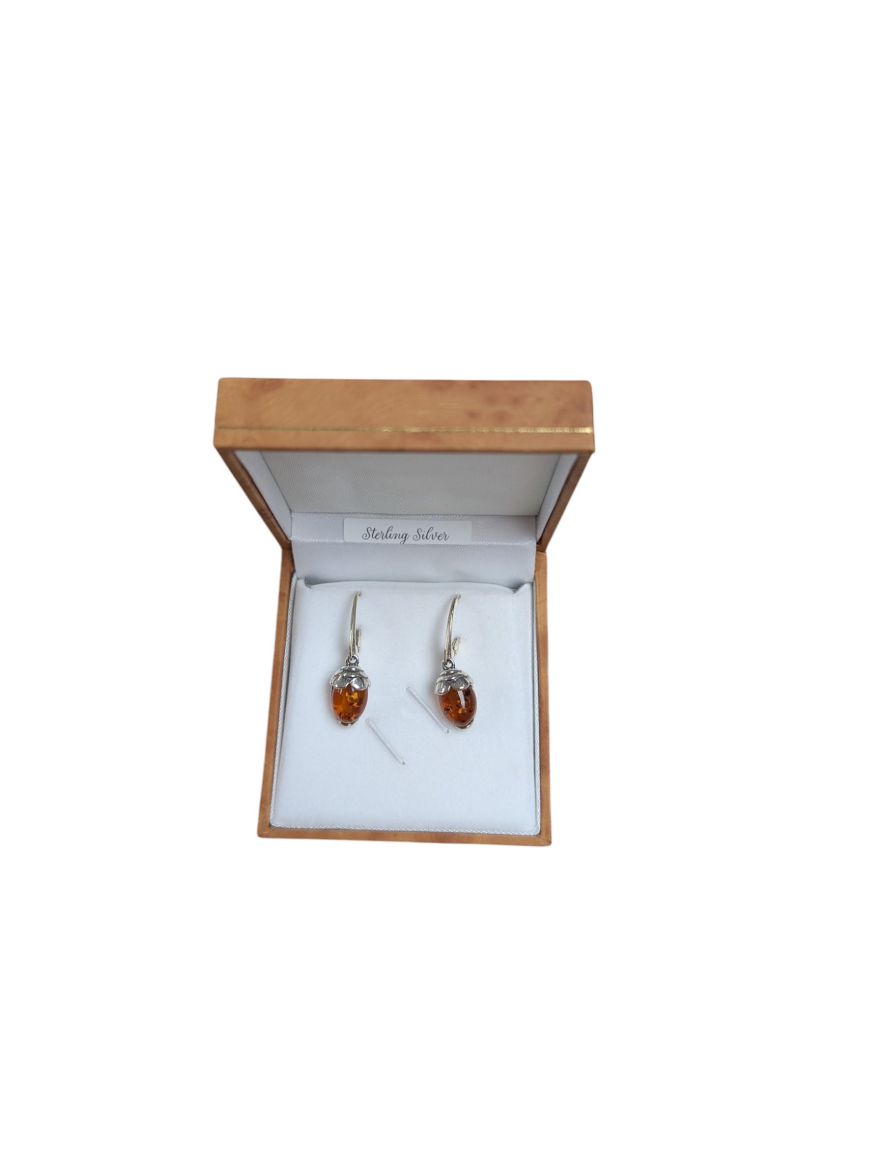 Pair of silver Baltic amber acorn earrings, boxed 