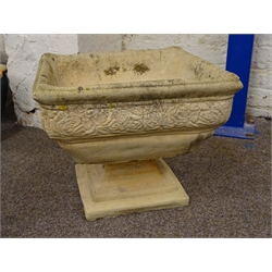  Composite stone square shaped planter urn with rose moulded edge, on stepped square plinth, 51cm x 51cm, H41cm  