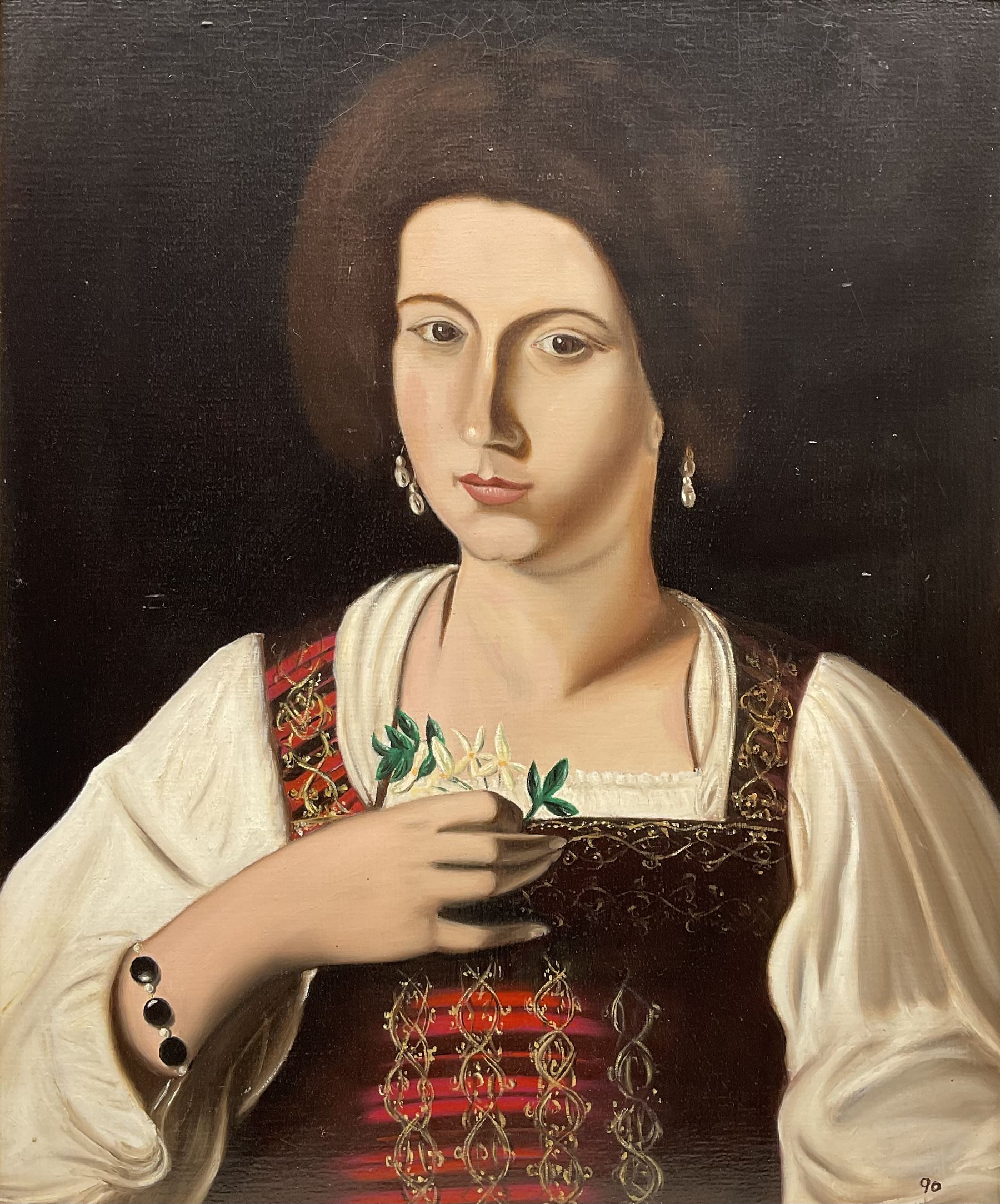 Donald Watson (Northern British 1922-) after Caravaggio (Italian 1571-1610): 'Portrait of a Courtesan', oil on board signed and dated 1990 verso 59cm x 49cm 
Notes: the original was destroyed in Berlin in 1945