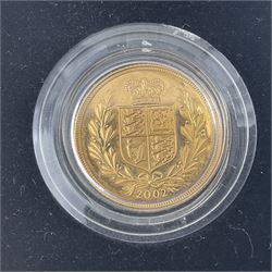 Queen Elizabeth II 2002 gold proof full sovereign coin, cased with certificate