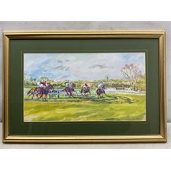 Margery Shotton (British 1943-): 'Rounding the Bends at Sedgefield Races', acrylic signed and dated 2002, titled verso 27cm x 49cm 