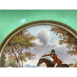 19th century porcelain cabinet plate, hand painted with central equestrian scene after Francis Calcraft Turner, 'Portrait of Jer.h Hawkins Esq.r with several favorite Hounds belonging to Co,,l Berkeley's Hunt. In the Act of Finding', within a gilt border, apple green band and gilt rim, with old collectors label verso, D26cm