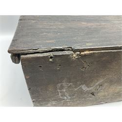 17th century oak bible box, the hinged lid over front carved with arched lunettes and foliate motifs, fitted with iron lock, H22cm W59cm D38cm
