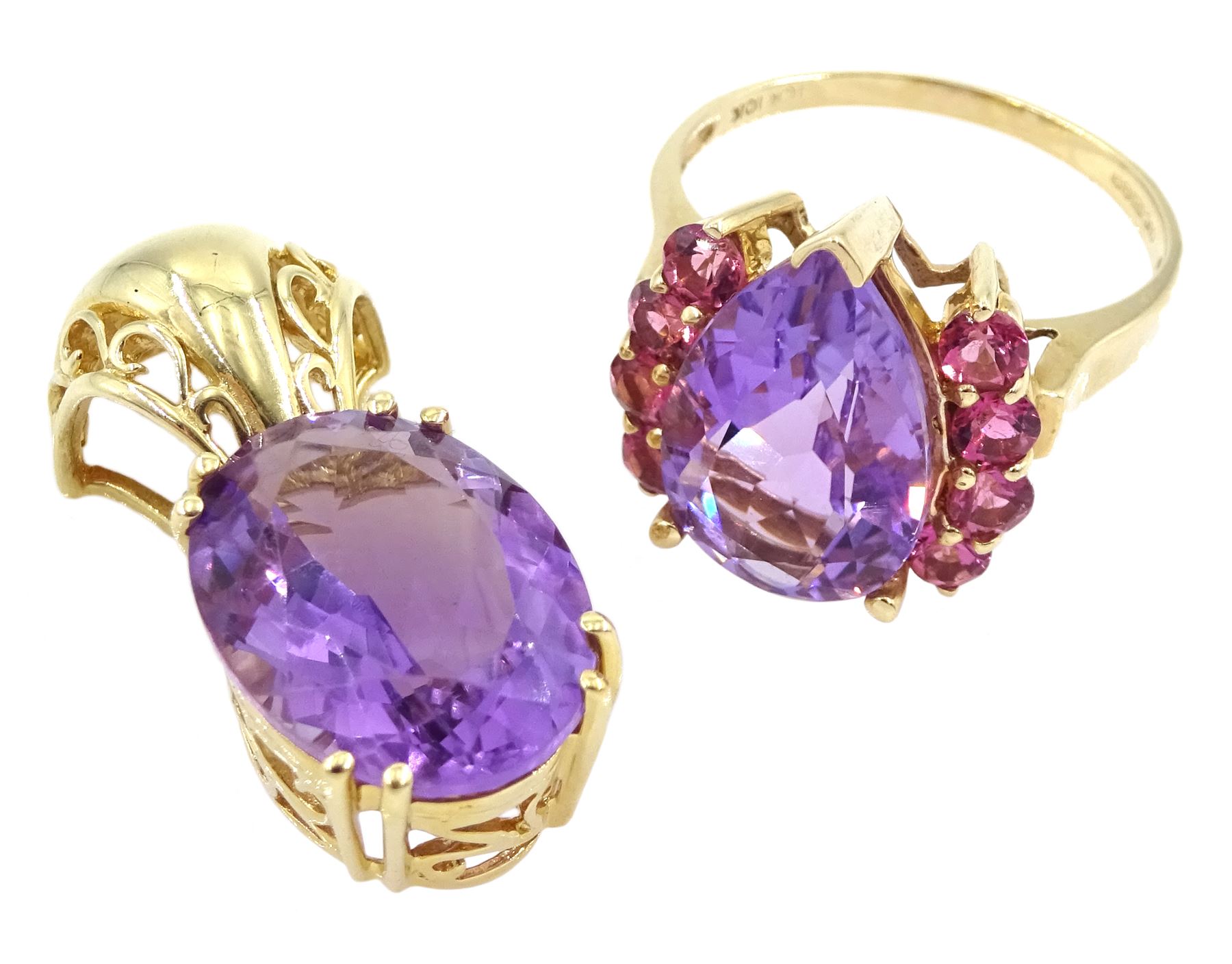 9ct gold pear shaped amethyst and eight stone flamingo topaz ring and a 14ct gold amethyst pendant with openwork mount, both hallmarked 