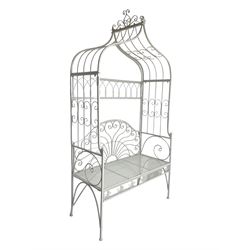 White finish wrought metal garden arbour bench, arched trellis top with scrolling design, lunette style back 