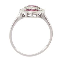 Platinum ruby and diamond marquise shaped ring, the central oval ruby, with round brilliant cut diamond surround and further calibre cut rubies set to each end