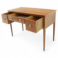 George III inlaid mahogany side table, rectangular top over three cockbeaded drawers with oval brass backplates and handles, on square tapering supports