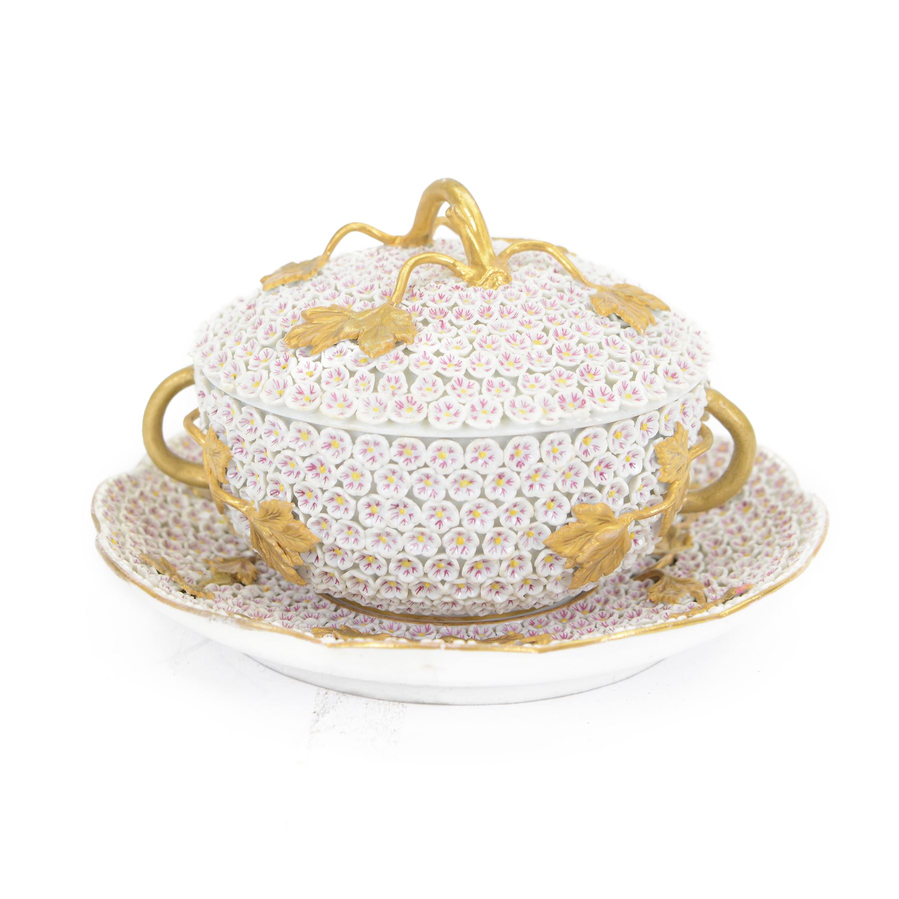 Meissen style Schneeballen or Snowball ecuelle, cover, and stand, profusely encrusted throughout with small white flower heads, with gilt vine handles and detail, overall H10.5cm, stand D18cm