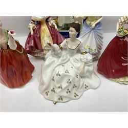Five Royal Doulton figures, comprising Flower of Love HN3970, Emily HN3688, Southern Belle HN2229, Helen HN3886 and My Love HN2339, all with printed mark beneath, some with boxes, together with a Royal Doulton Figures reference book by D Eyles and R Dennis