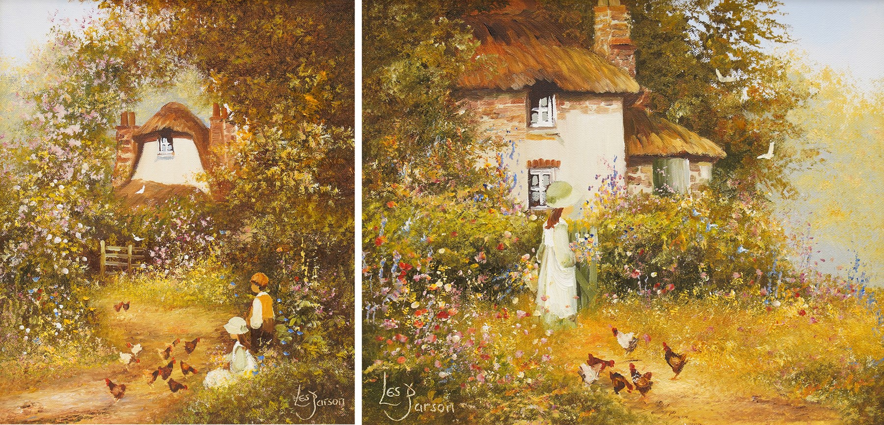 Les Parson (British 1945-): Children Playing in a Flourishing Garden, pair of oils on canvas signed 24.5cm x 29.5cm and 29.5cm x 24.5cm (2)