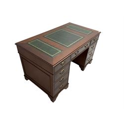 Figured walnut twin pedestal desk, moulded rectangular top with leather inset, fitted with eight drawers, on bracket feet
