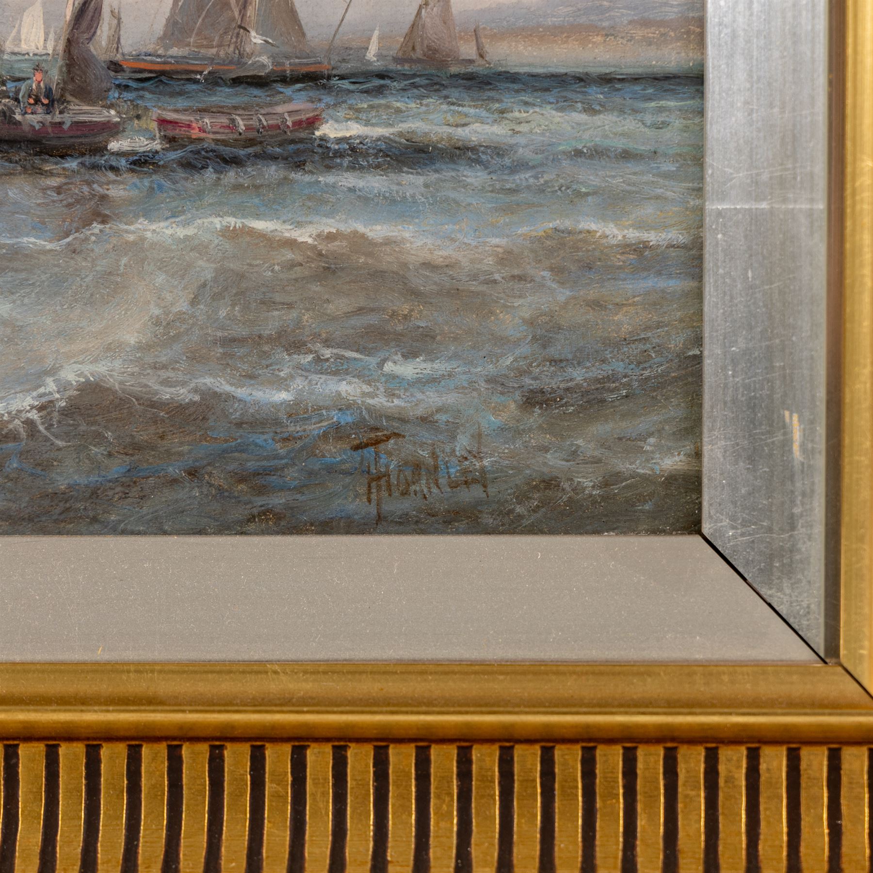 William Anslow Thornley (British fl.1858-1898): 'Hay Barge and Shipping - Mouth of the Thames', oil on canvas signed, titled on the stretcher verso 24cm x 39cm